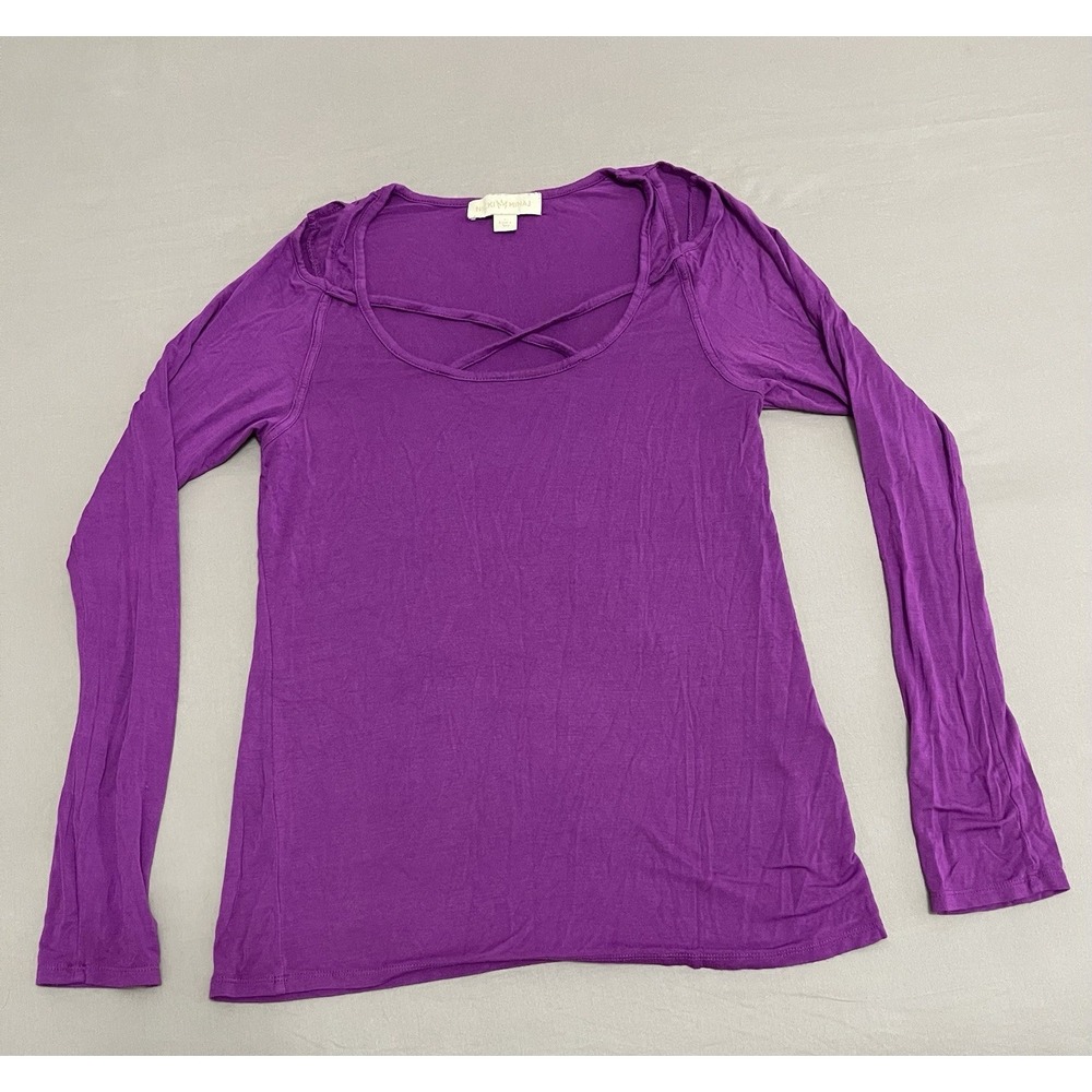 Nicki Minaj Womens Purple Long Sleeve Criss Cross Neck Cold Shoulder Top Large
